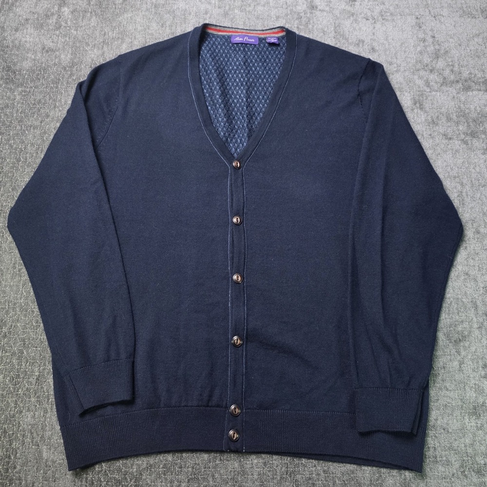 Alan Flusser Merino Wool Blend Cardigan Sweater Mens XL Navy Blue Dad Grandpa